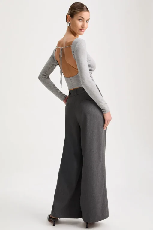 365 Ruched Side Open Back Long Sleeve Top - Grey Marl