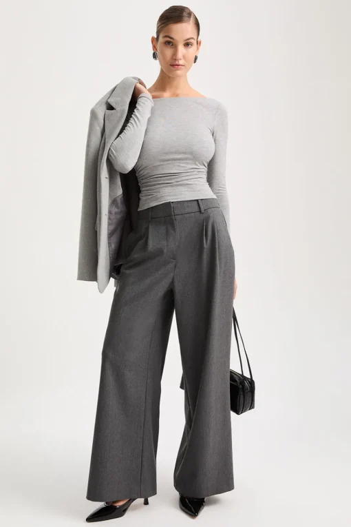 365 Ruched Side Open Back Long Sleeve Top - Grey Marl