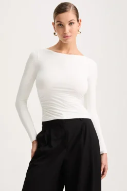 365 Ruched Side Open Back Long Sleeve Top - Coconut Milk