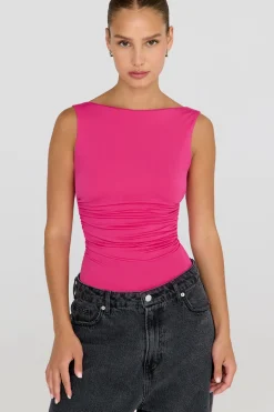 365 Ruched Side Open Back Top - Hot Pink