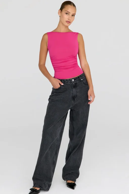 365 Ruched Side Open Back Top - Hot Pink
