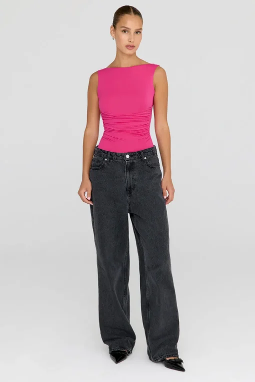 365 Ruched Side Open Back Top - Hot Pink