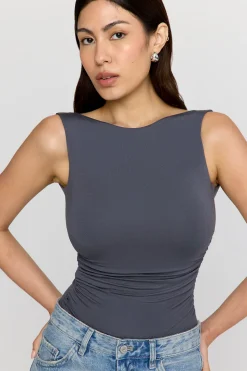 365 Ruched Side Open Back Top - Graphite