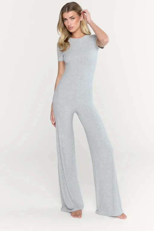 365 Sculpting Lounge Short Sleeve Wide Leg Jumpsuit - Grey Marl