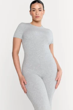 365 Sculpting Lounge Short Sleeve Wide Leg Jumpsuit - Grey Marl