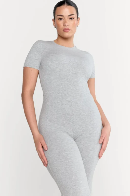 365 Sculpting Lounge Short Sleeve Wide Leg Jumpsuit - Grey Marl