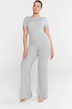 365 Sculpting Lounge Short Sleeve Wide Leg Jumpsuit - Grey Marl