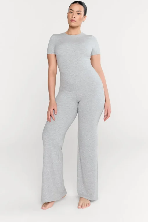 365 Sculpting Lounge Short Sleeve Wide Leg Jumpsuit - Grey Marl