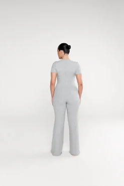 365 Sculpting Lounge Short Sleeve Wide Leg Jumpsuit - Grey Marl