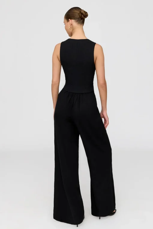Athens Linen Blend Tailored Wide Leg Trousers - Shadow Black
