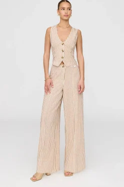 Athens Linen Blend Tailored Wide Leg Trousers - Taupe Stripe