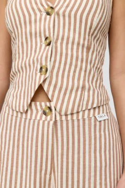 Athens Linen Blend Tailored Wide Leg Trousers - Taupe Stripe