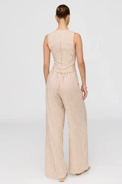 Athens Linen Blend Tailored Wide Leg Trousers - Taupe Stripe