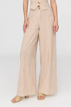 Athens Linen Blend Tailored Wide Leg Trousers - Taupe Stripe