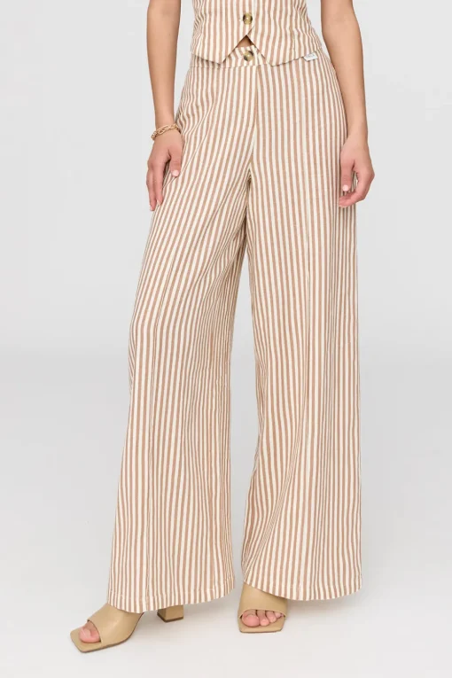 Athens Linen Blend Tailored Wide Leg Trousers - Taupe Stripe