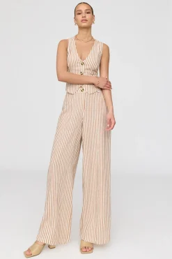 Athens Linen Blend Tailored Wide Leg Trousers - Taupe Stripe