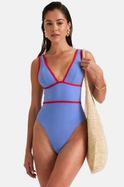 Contrast Plunge Swimsuit - Blue