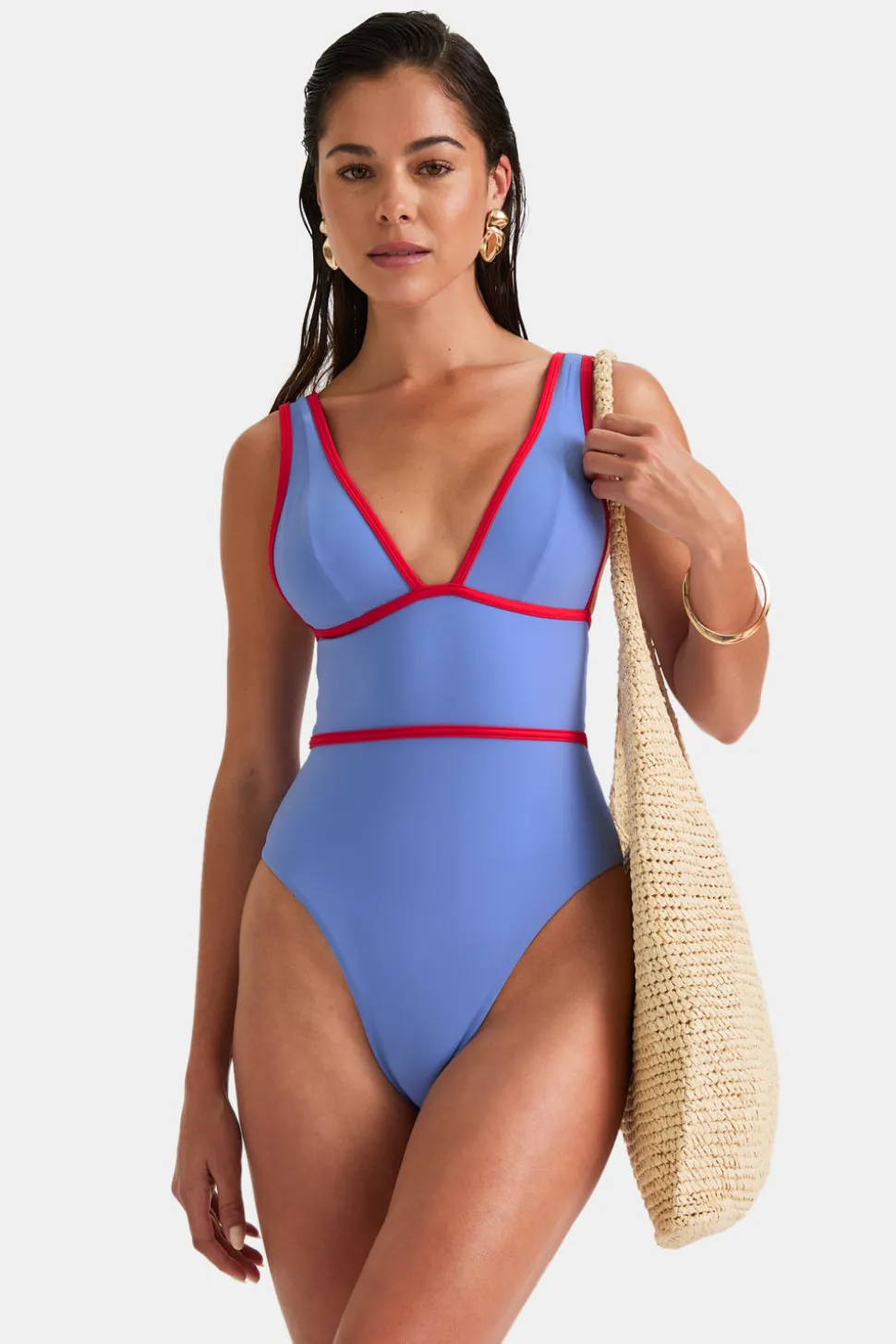 Contrast Plunge Swimsuit - Blue