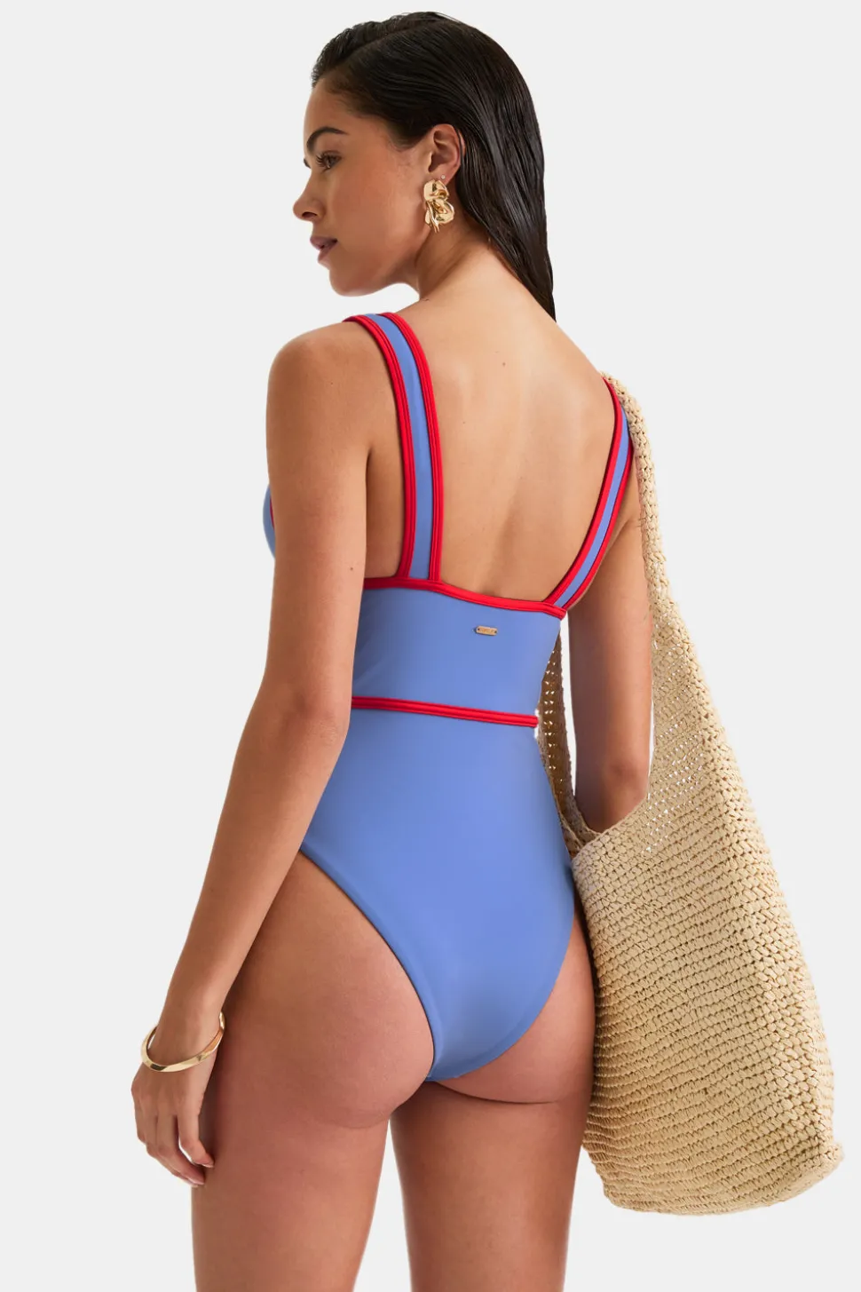 Contrast Plunge Swimsuit - Blue