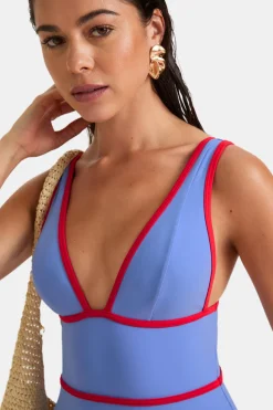 Contrast Plunge Swimsuit - Blue