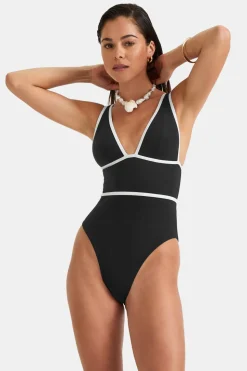 Contrast Plunge Swimsuit - Shadow Black