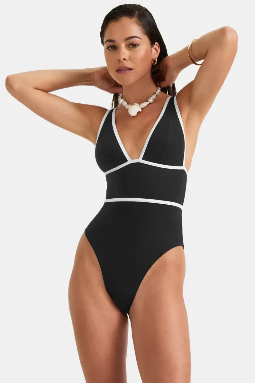 Contrast Plunge Swimsuit - Shadow Black