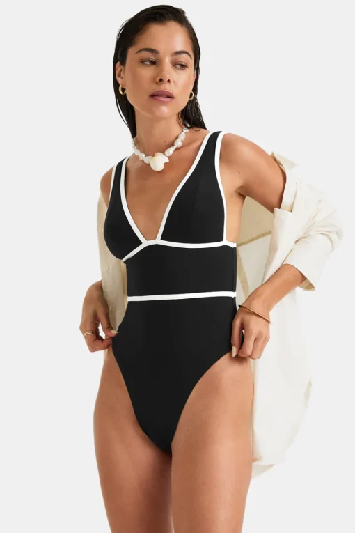 Contrast Plunge Swimsuit - Shadow Black