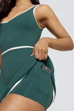 DayFlex Built-In Support V Neck Tennis Dress - Hunter Green And Buttermilk