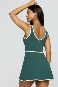 DayFlex Built-In Support V Neck Tennis Dress - Hunter Green And Buttermilk