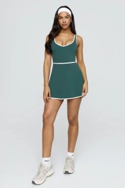 DayFlex Built-In Support V Neck Tennis Dress - Hunter Green And Buttermilk
