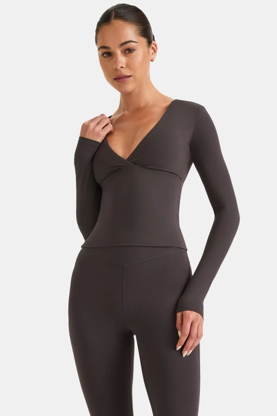 DayFlex Built-In Support V Neck Long Sleeve Top - Cool Espresso