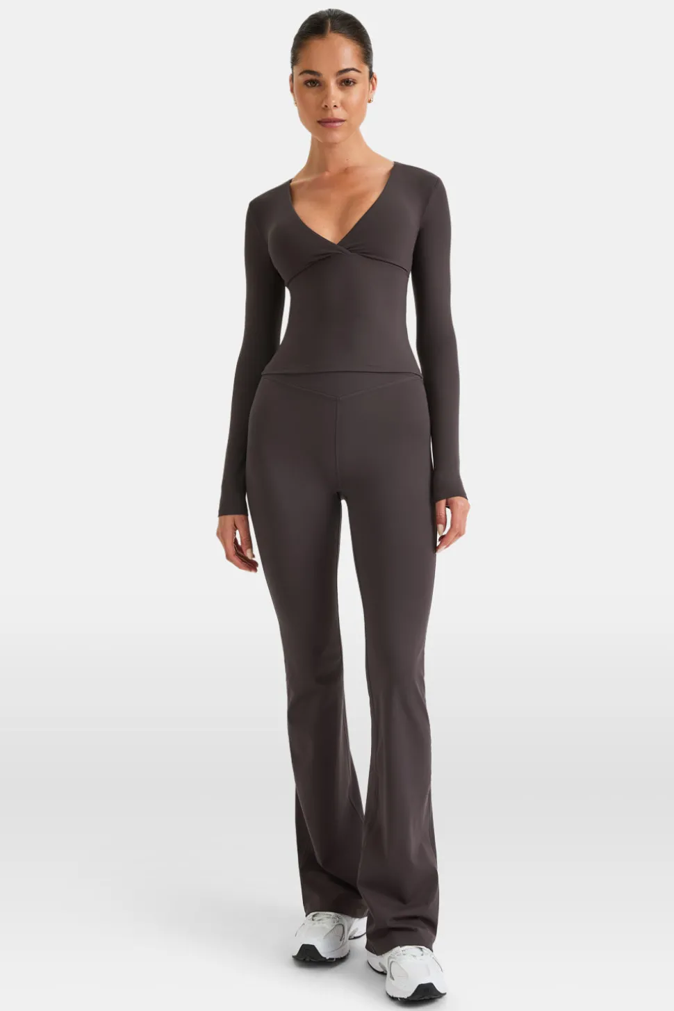 DayFlex Built-In Support V Neck Long Sleeve Top - Cool Espresso