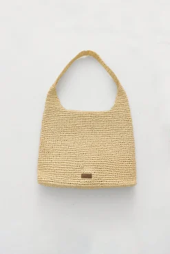 Embossed Logo Raffia Shoulder Bag - Natural