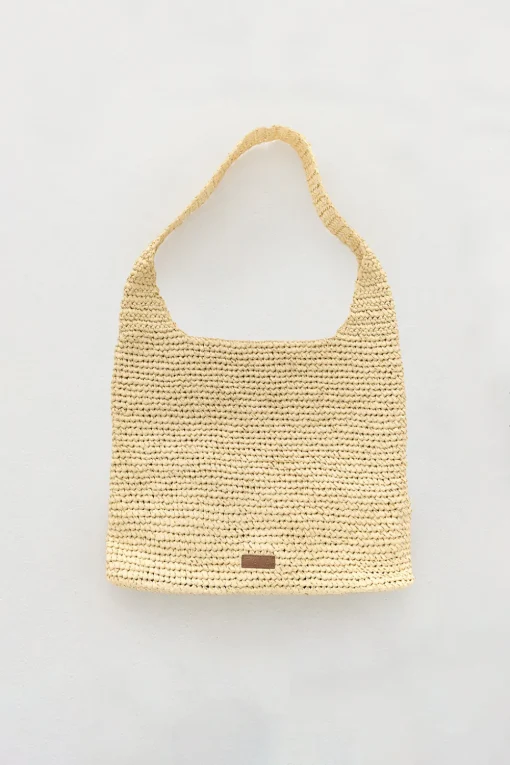 Embossed Logo Raffia Tote Bag - Natural