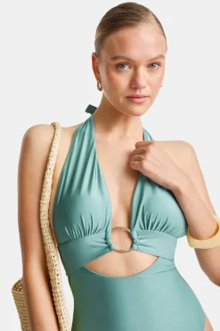 Halter Plunge Gold Ring Bikini Swimsuit - Teal