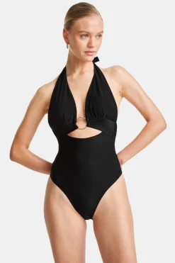 Halter Plunge Gold Ring Bikini Swimsuit - Black Onyx