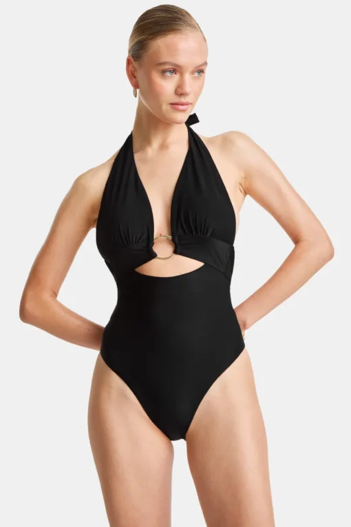 Halter Plunge Gold Ring Bikini Swimsuit - Black Onyx