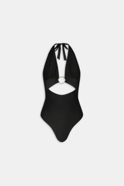 Halter Plunge Gold Ring Bikini Swimsuit - Black Onyx