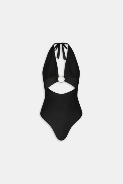 Halter Plunge Gold Ring Bikini Swimsuit - Black Onyx
