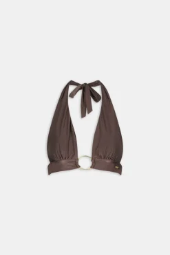 Halter Plunge Gold Ring Bikini Top - Espresso