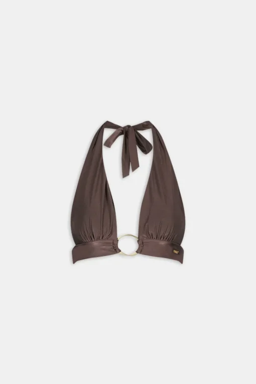 Halter Plunge Gold Ring Bikini Top - Espresso