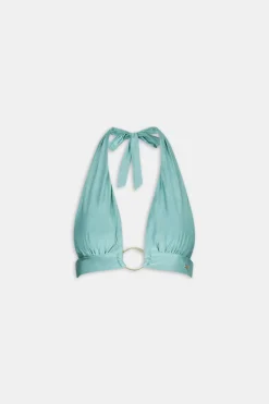 Halter Plunge Gold Ring Bikini Top - Teal