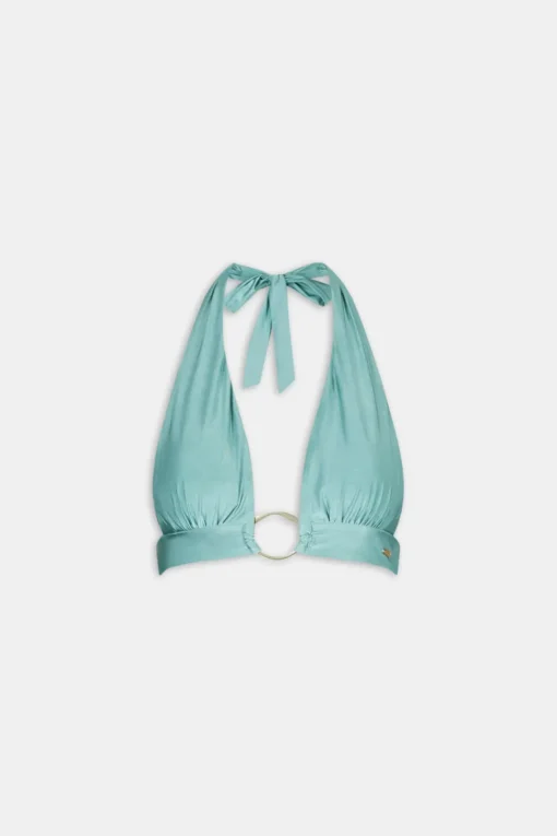 Halter Plunge Gold Ring Bikini Top - Teal