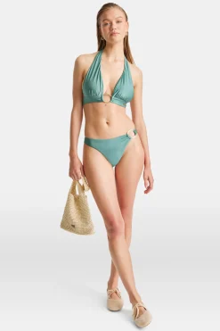 Halter Plunge Gold Ring Bikini Top - Teal