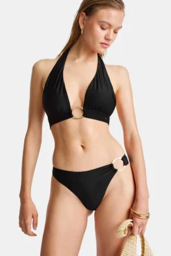 Halter Plunge Gold Ring Bikini Top - Black Onyx