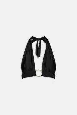Halter Plunge Gold Ring Bikini Top - Black Onyx