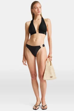 Halter Plunge Gold Ring Bikini Top - Black Onyx