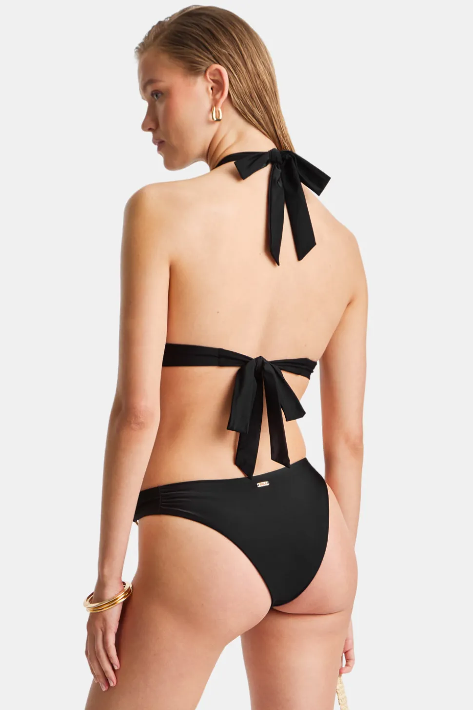 Halter Plunge Gold Ring Bikini Top - Black Onyx