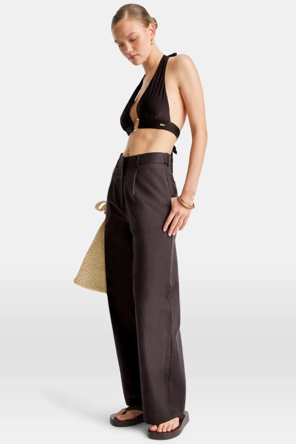 Heavyweight Linen Tailored Wide Leg Trousers - Espresso