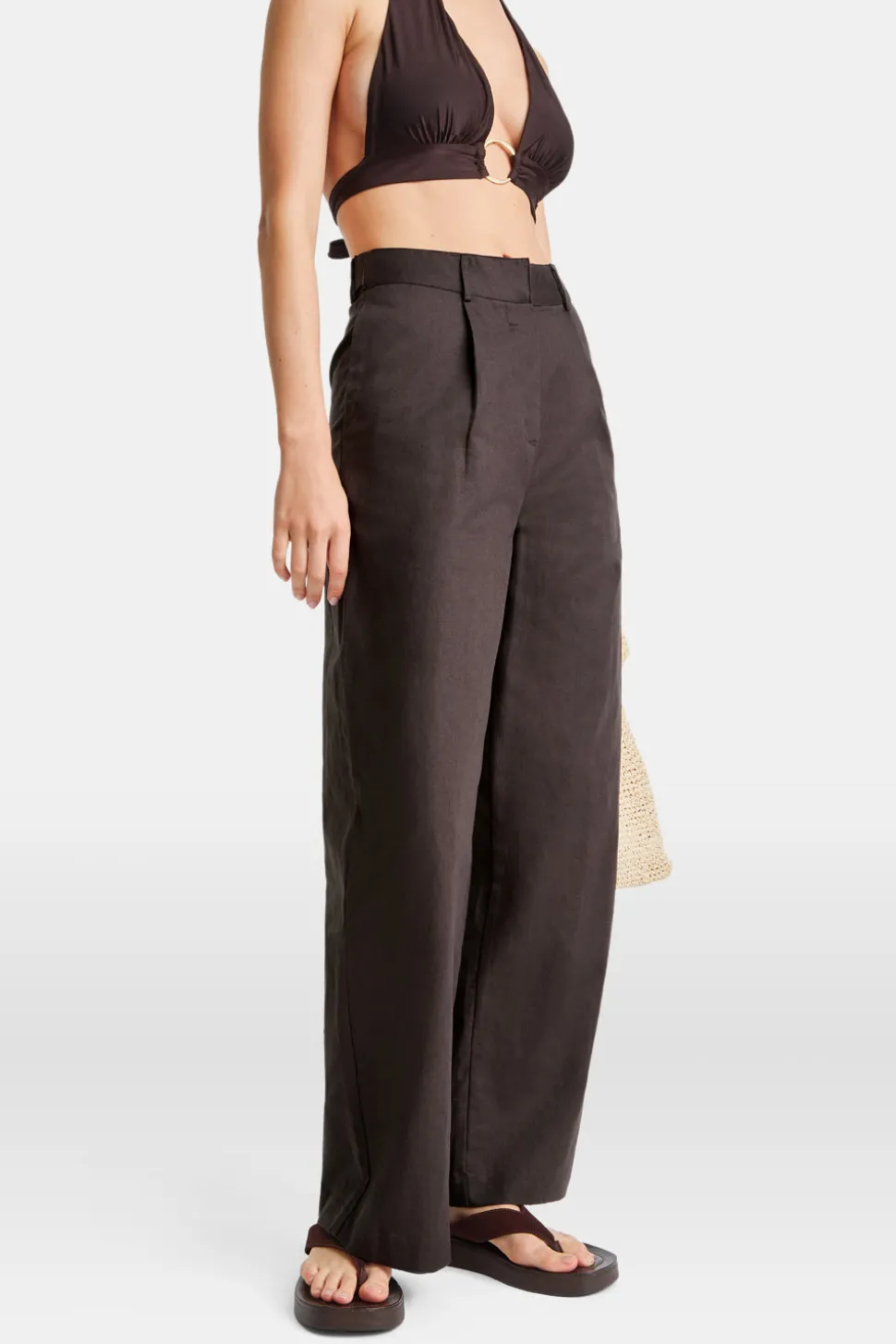 Heavyweight Linen Tailored Wide Leg Trousers - Espresso